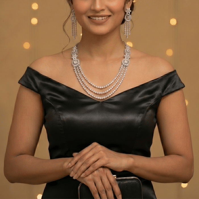 Diamond Style Three Line Necklace Set