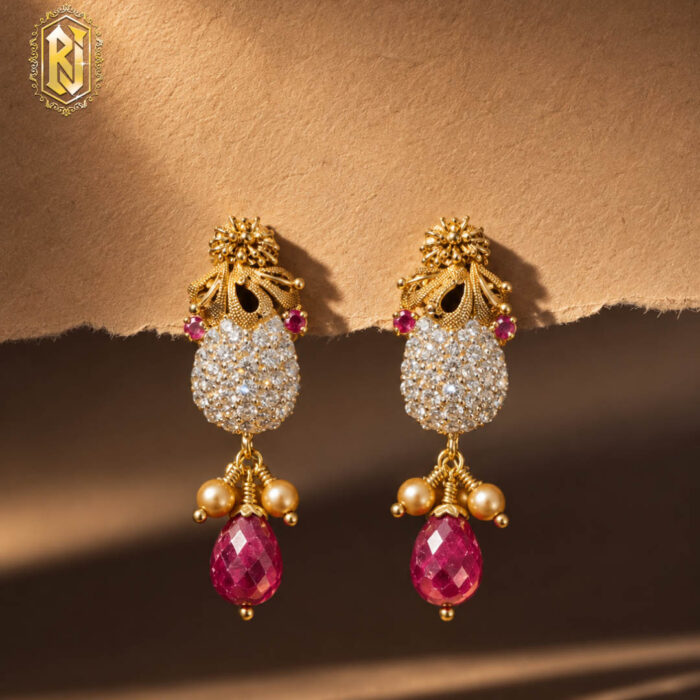 Ruby Pearl Drop Zircon Gold Earrings