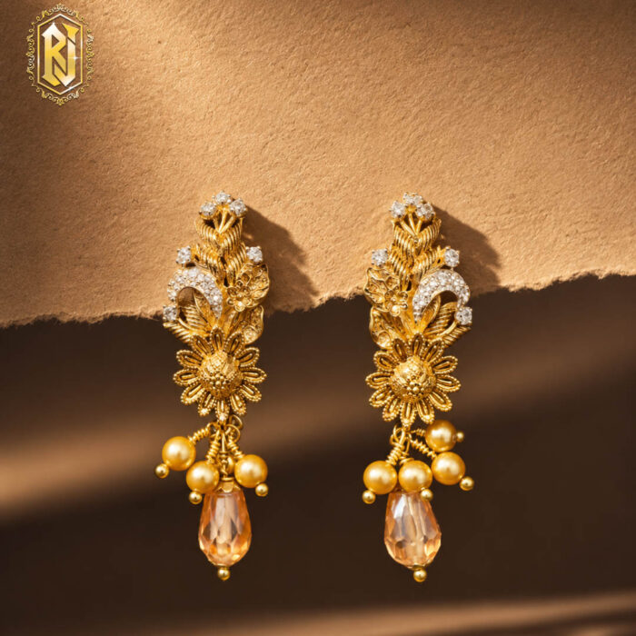 Floral Champagne Pearl Drop Gold Earrings