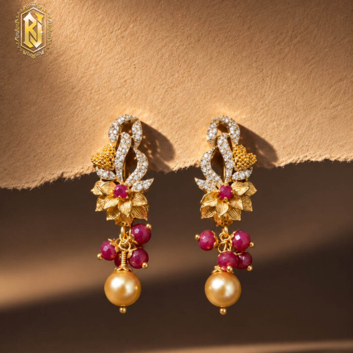 Ruby Pearl Floral Gold Drop Earrings